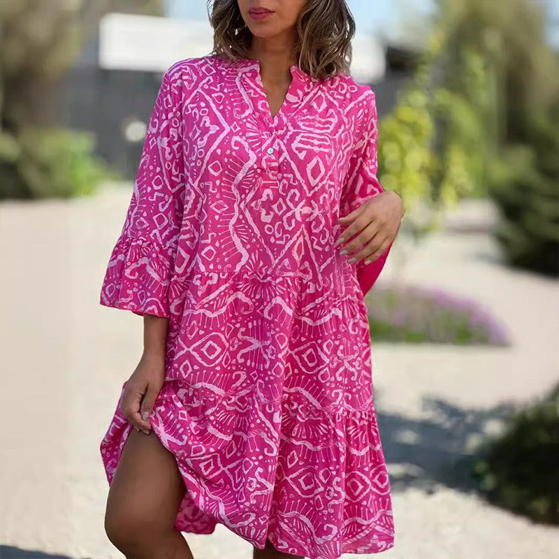 Casual Loose Printed V-Neck Flowy Dress