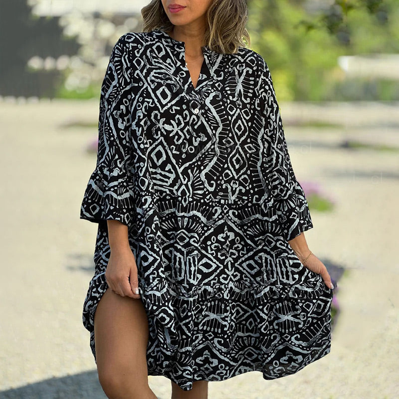 Casual Loose Printed V-Neck Flowy Dress