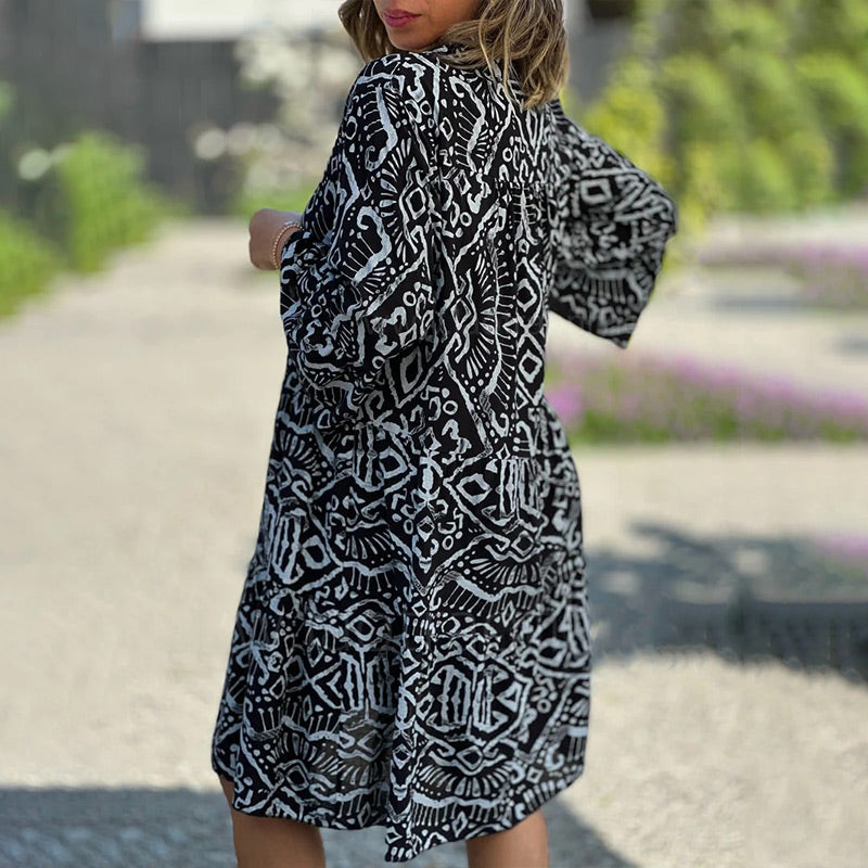 Casual Loose Printed V-Neck Flowy Dress